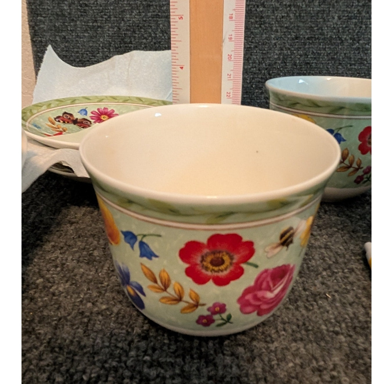 Vtg Roy Kirkham Bone China Summer Scents 2000 14 oz Breakfast Mug Saucer Set