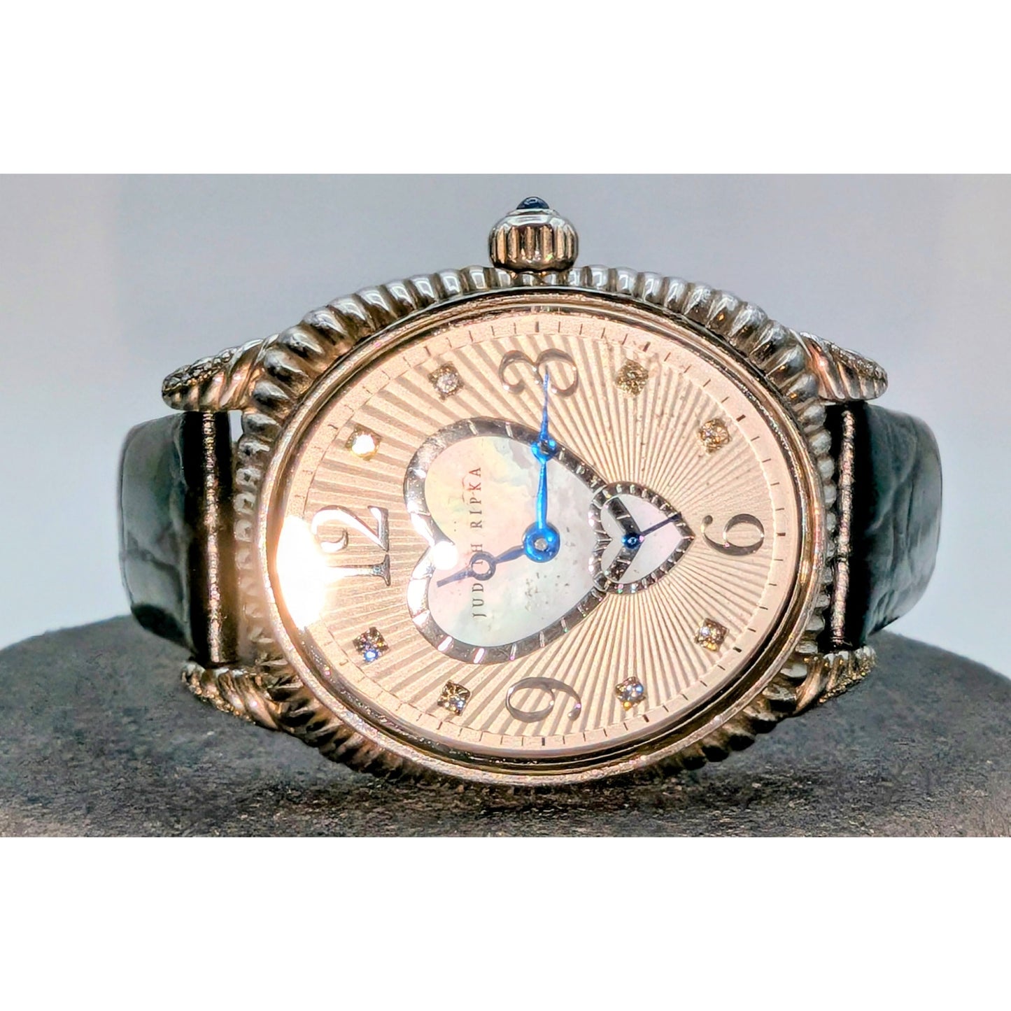 Judith Ripka MOP Sterling Silver Case Genuine Leather Band Double Heart Watch