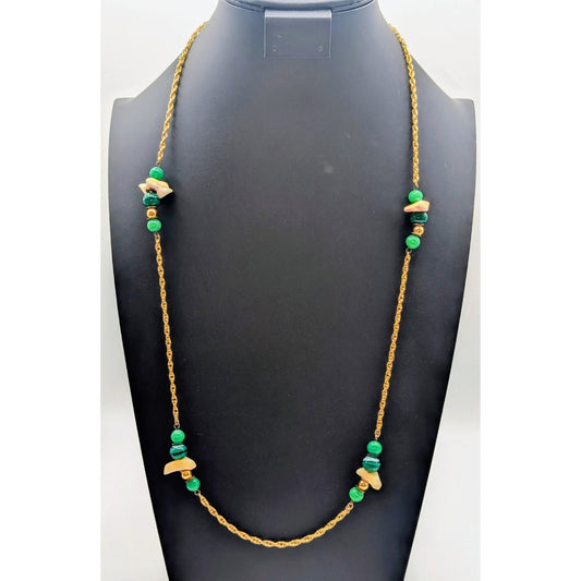 VTG Gold Tone Malachite Beaded Mother of Pearl Chip Station Chain 32" Necklace