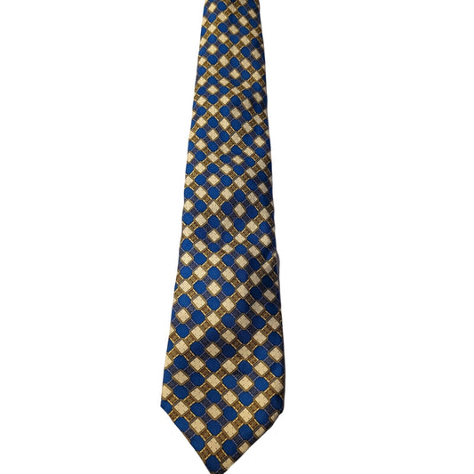 Piaget Silk Vintage 100% Silk Blue Gold Geometric Design Neck Tie