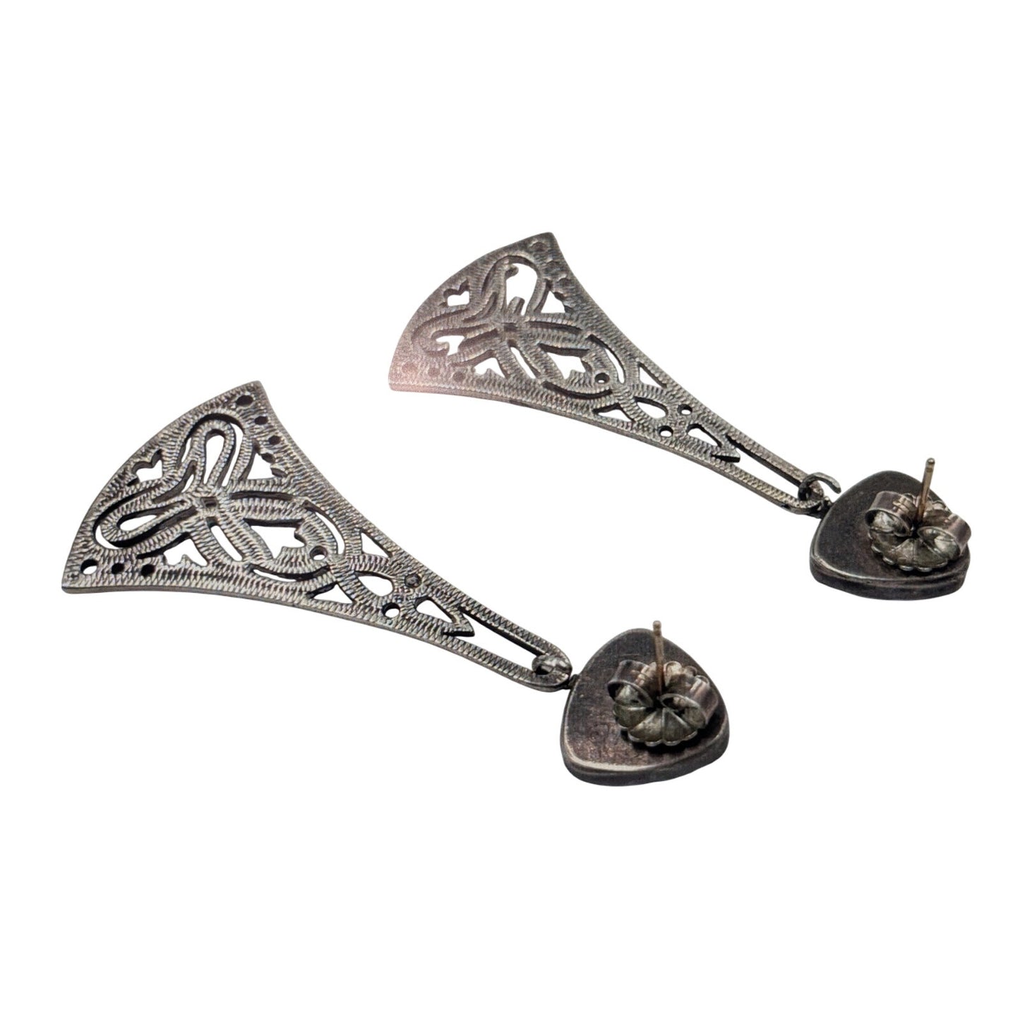 Vtg Tabra 14K Gold Post 925 Sterling Silver Carved Onyx Drop Earrings 18.34g