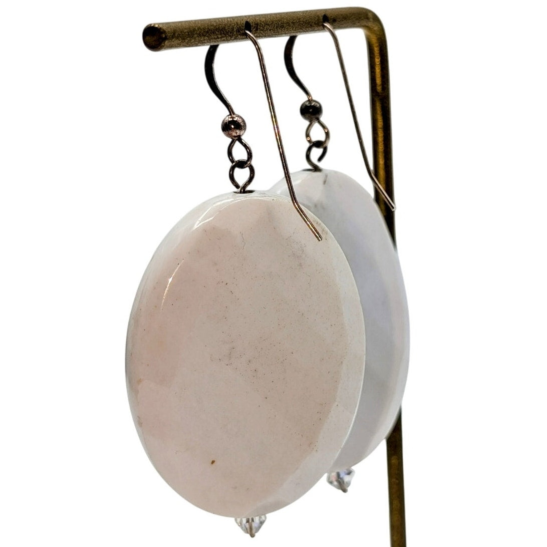 Large Faceted White Gemstone 925 Sterling Silver Dangle Earrings
