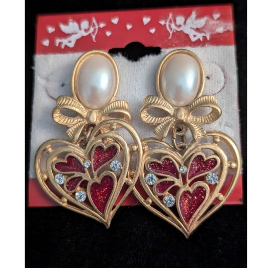 NWT Sparkly Red Hearts Within Gold Tone Dangly Heart Ribbon Pearl Earrings