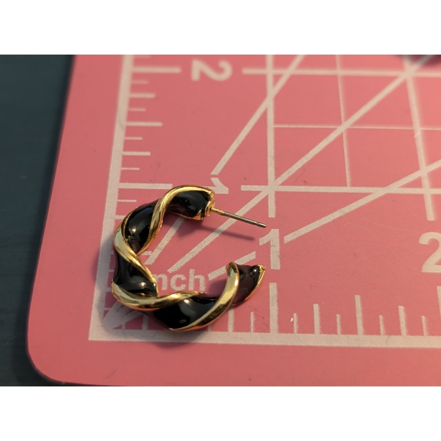 Vintage Gold Tone Navy/Black Enamel Twisted Half Hoop Post Earrings