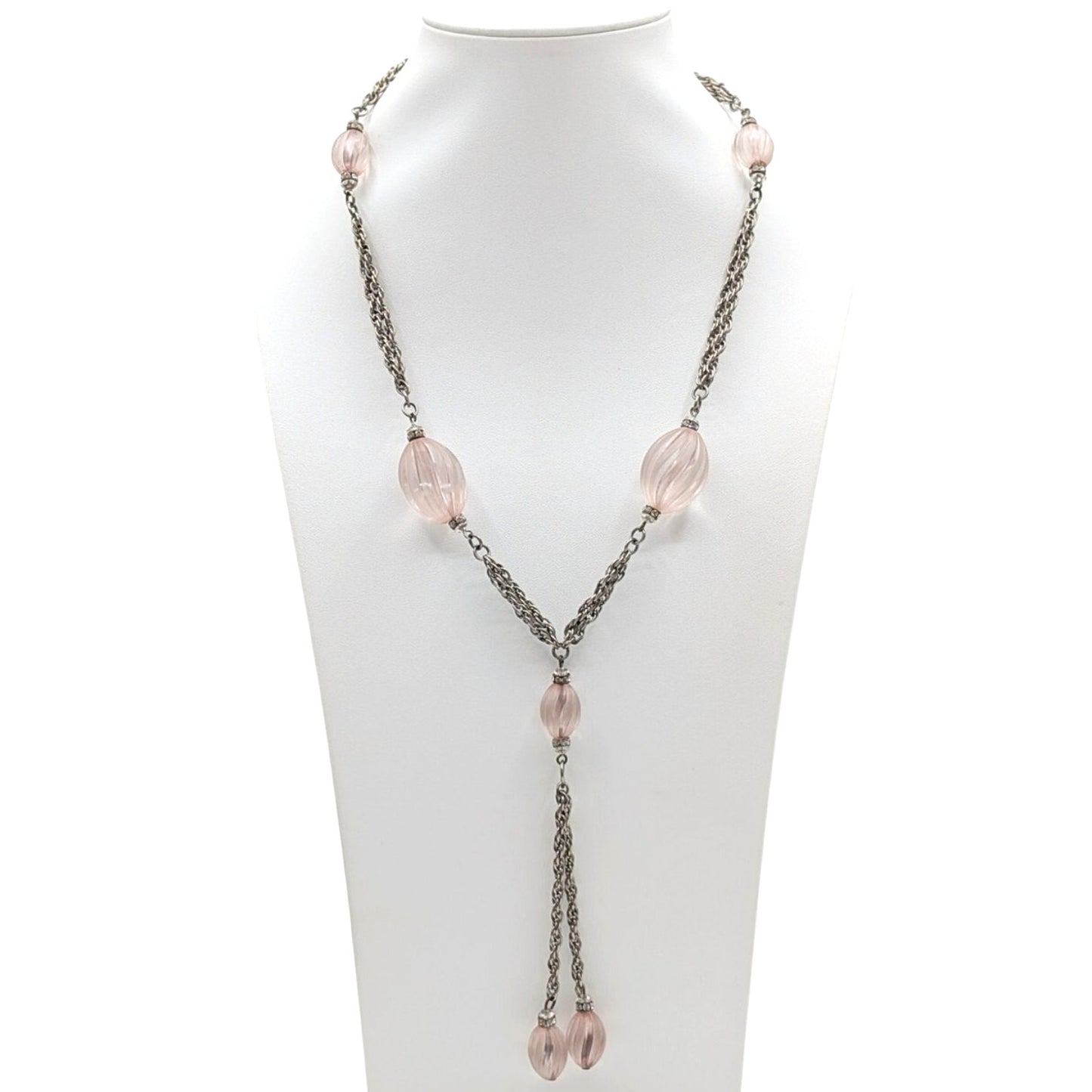 Vtg Art Deco Style Pink Swirl & Crystal Bead Silver Tone Dangle Chain Necklace