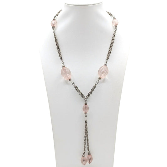 Vtg Art Deco Style Pink Swirl & Crystal Bead Silver Tone Dangle Chain Necklace