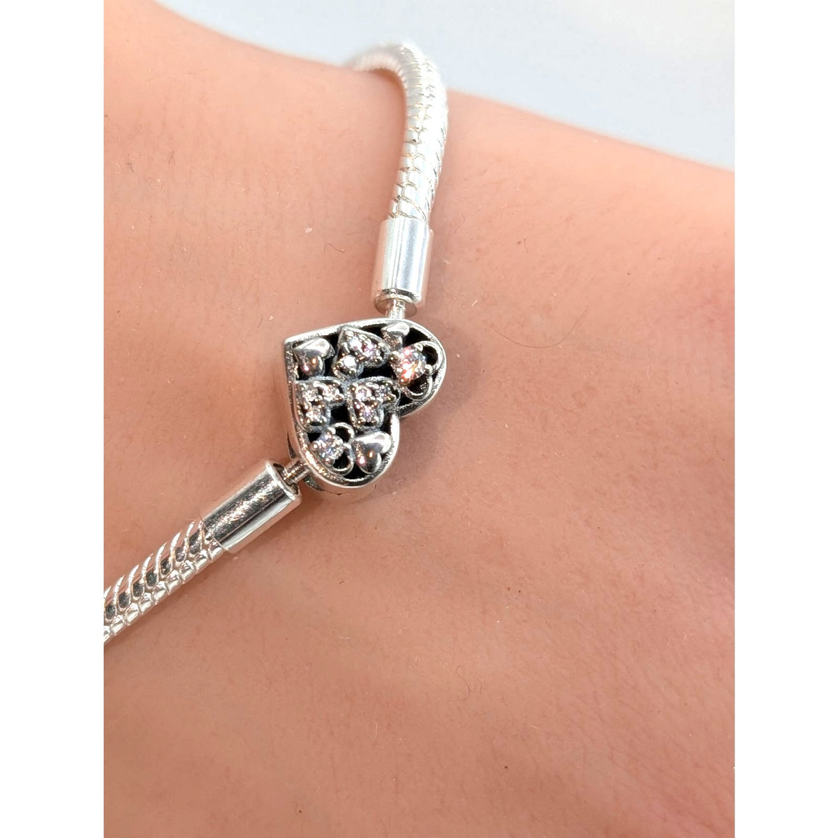 925 Sterling Silver Snake Chain CZ Heart Charm Bracelet