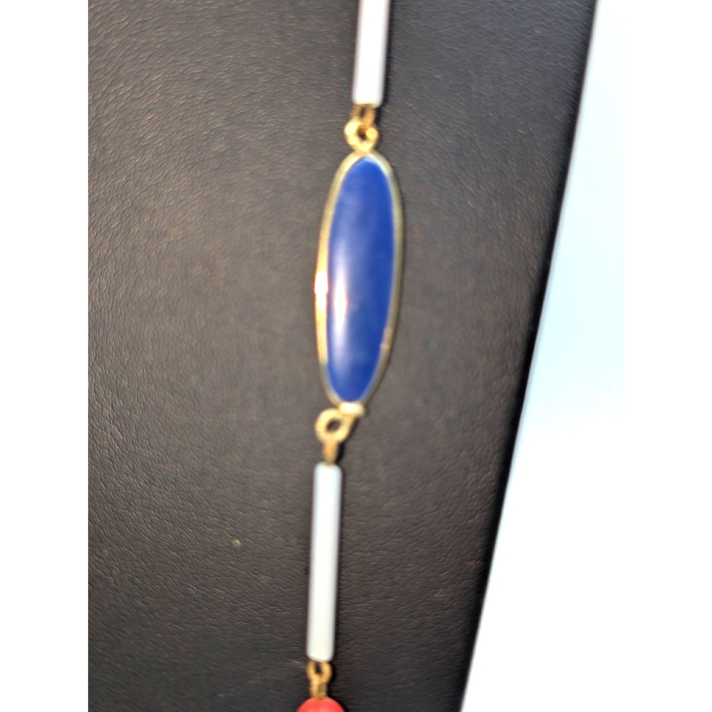 Vintage Red White Blue Multi Shape Long Acrylic Beaded Necklace