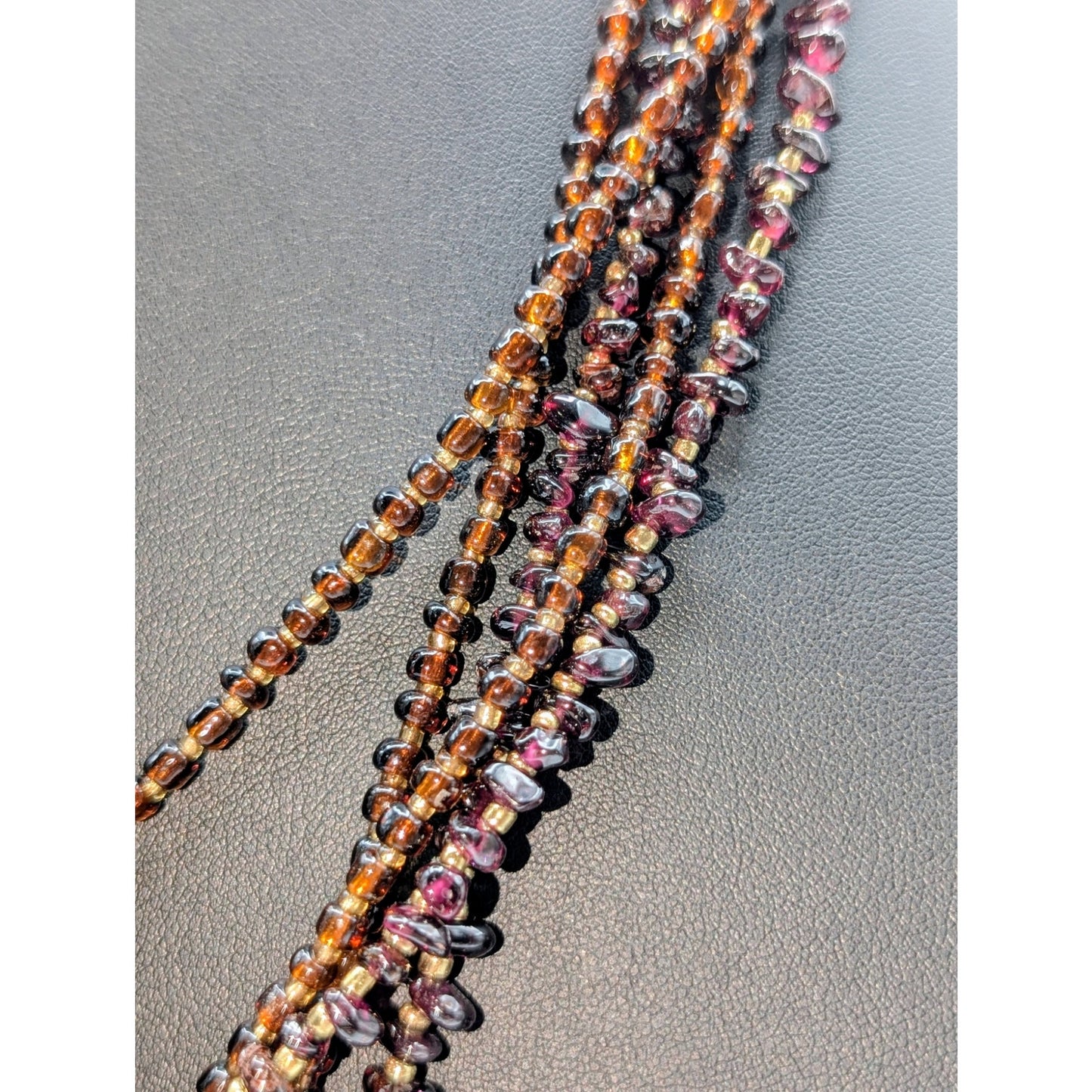 Vintage Five Strand Brown Glass Bead Garnet Chip & Gold Bead 24" Necklace