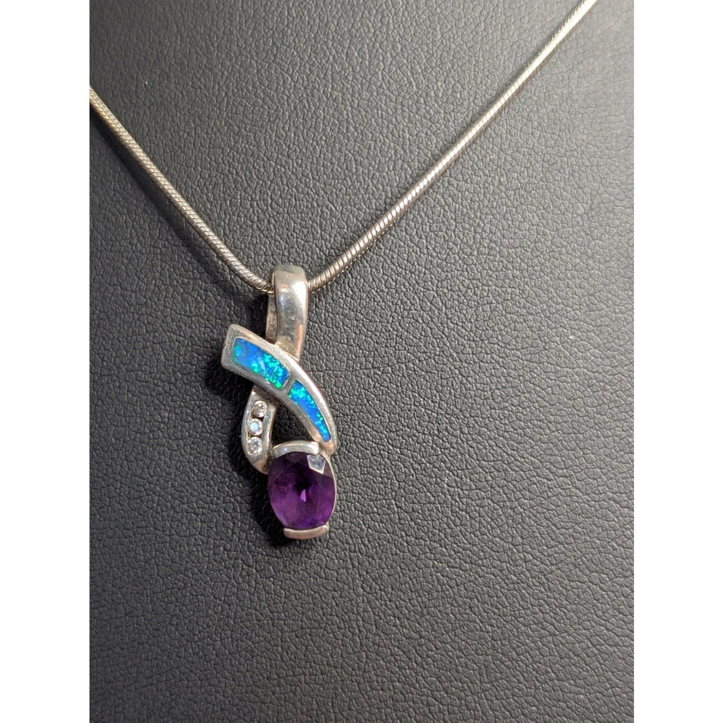 AK Atasay Kuyumculuk Sterling Opal Inlay Amethyst Clear Stone Pendant Necklace