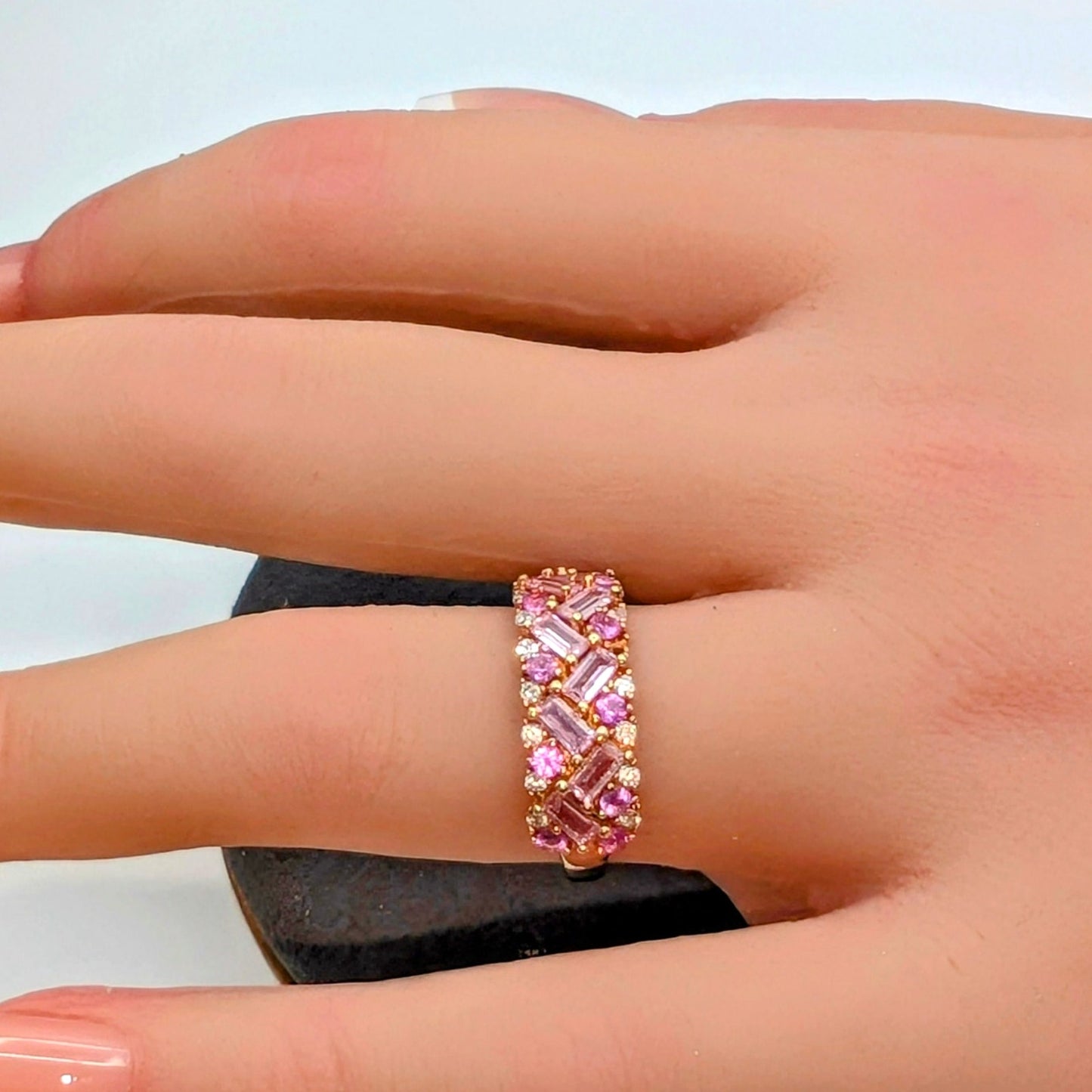 Pink Sapphire Pink & White CZ 18K Rose Gold 925 Sterling Silver Ring Size 6.75
