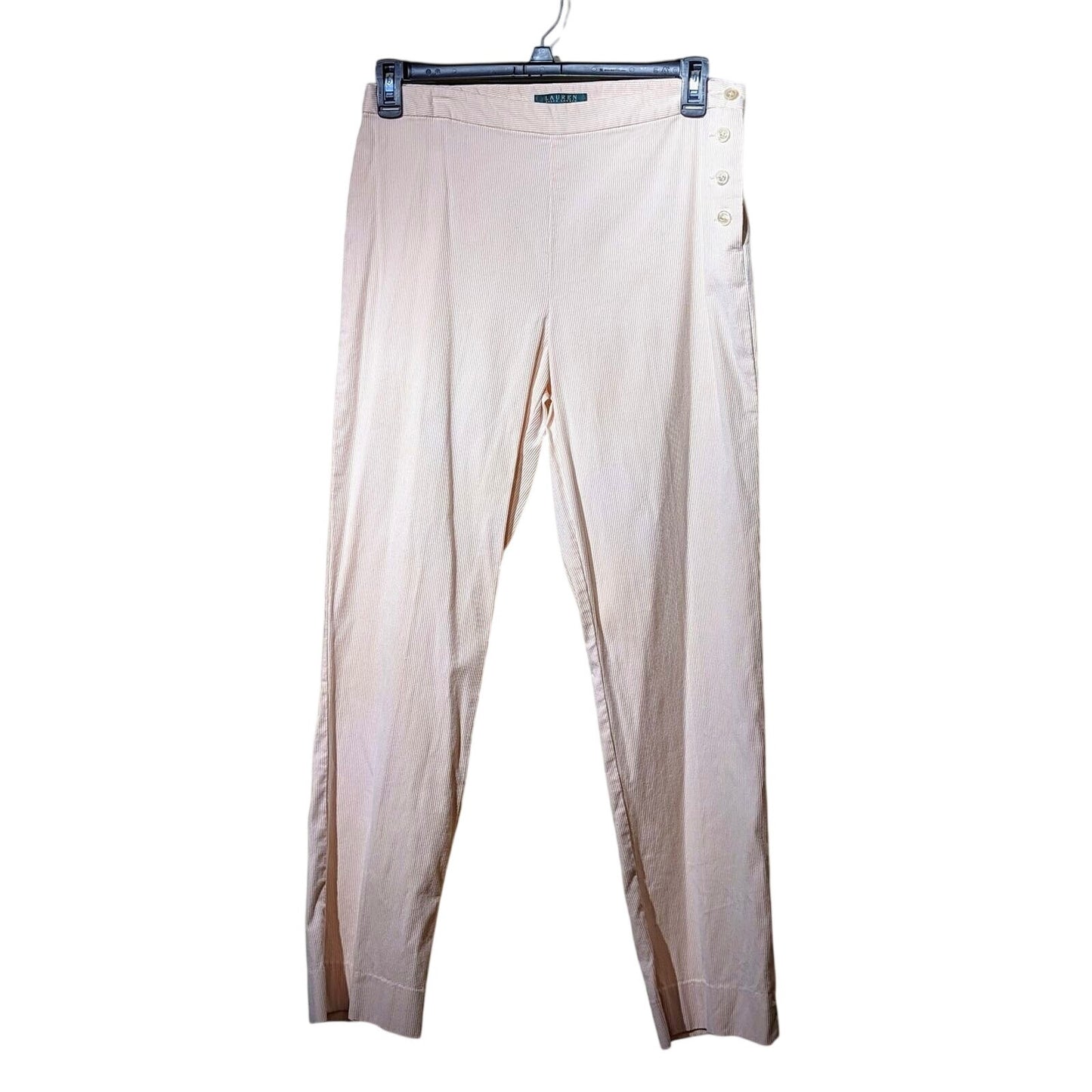 Ralph Lauren Pale Pink Striped Cotton Stretch Side Button Flat Front Pant Sz 10