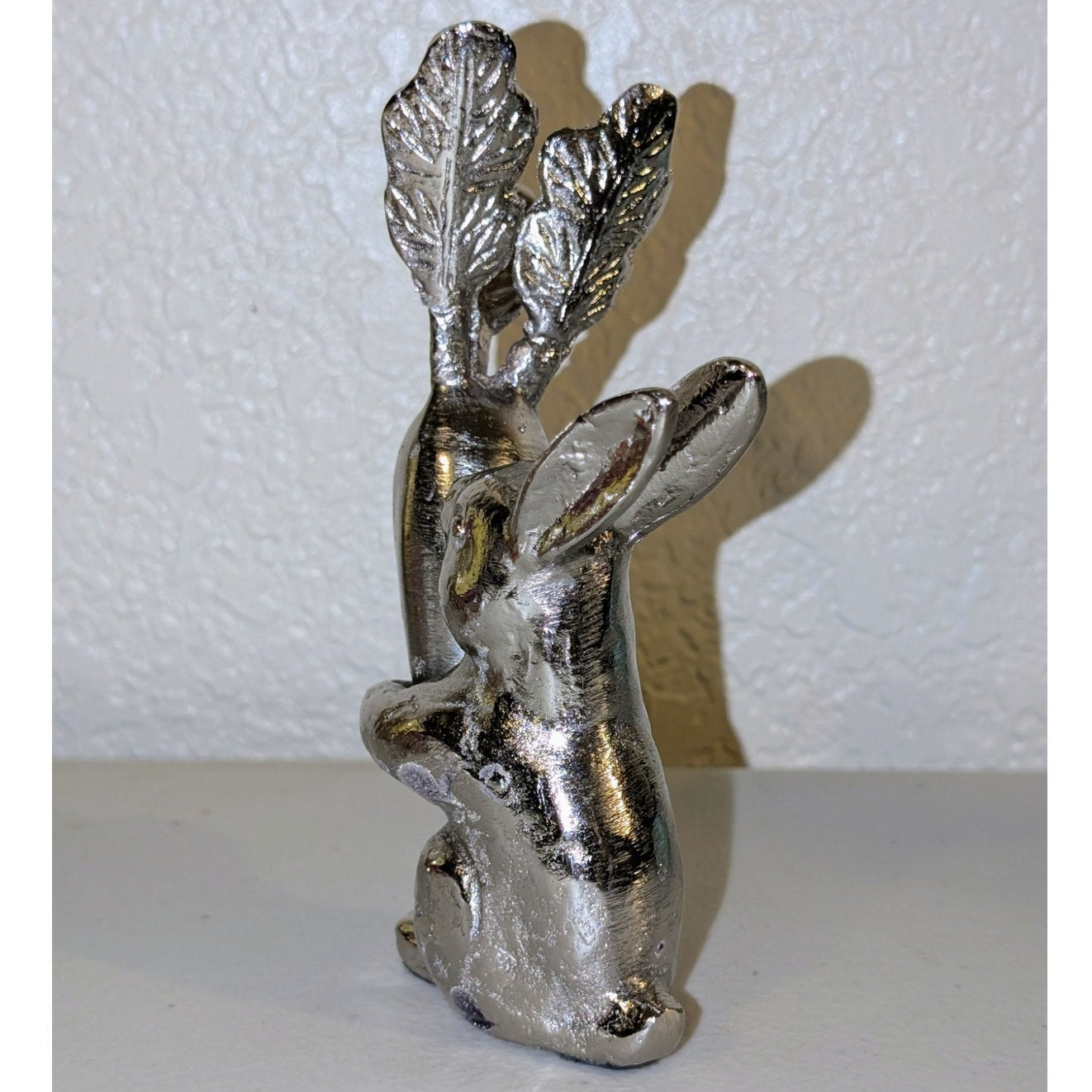 Silver Tone Solid Rabbit Hugging Carrot Figurine 6"