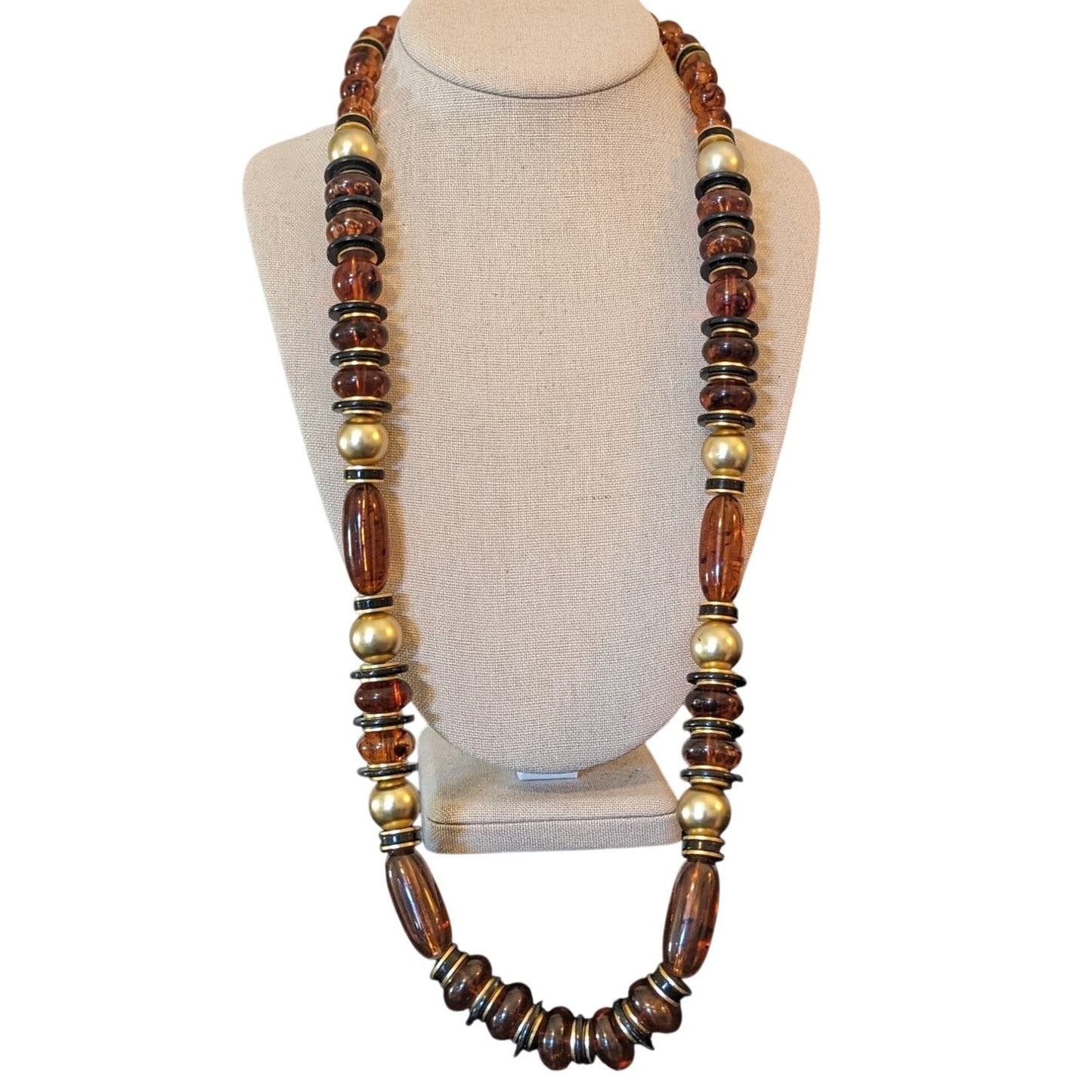 Amber Look Gold Tone Bead Long Vintage Necklace W/ Unique Barrel Clasp