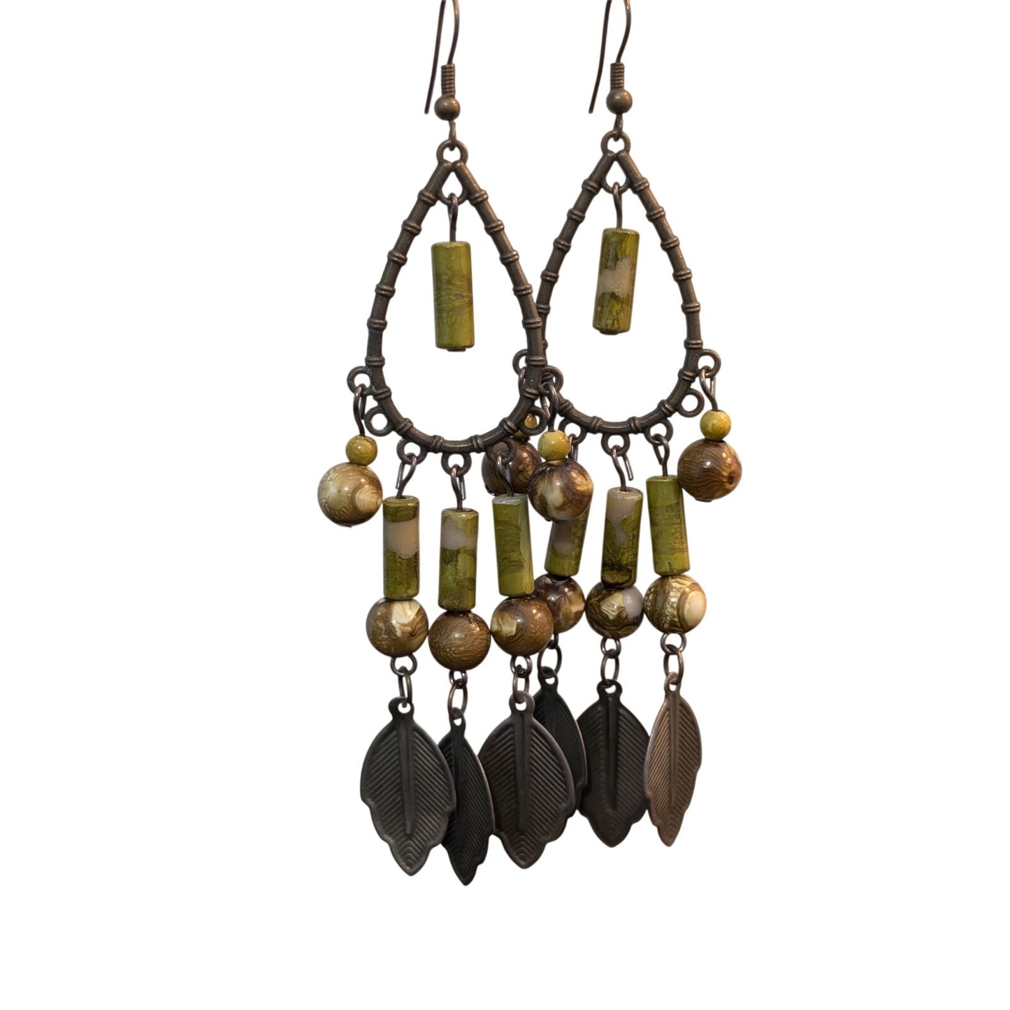 Vintage Boho Green Bead Leaf Dangle Antique Metal Earrings