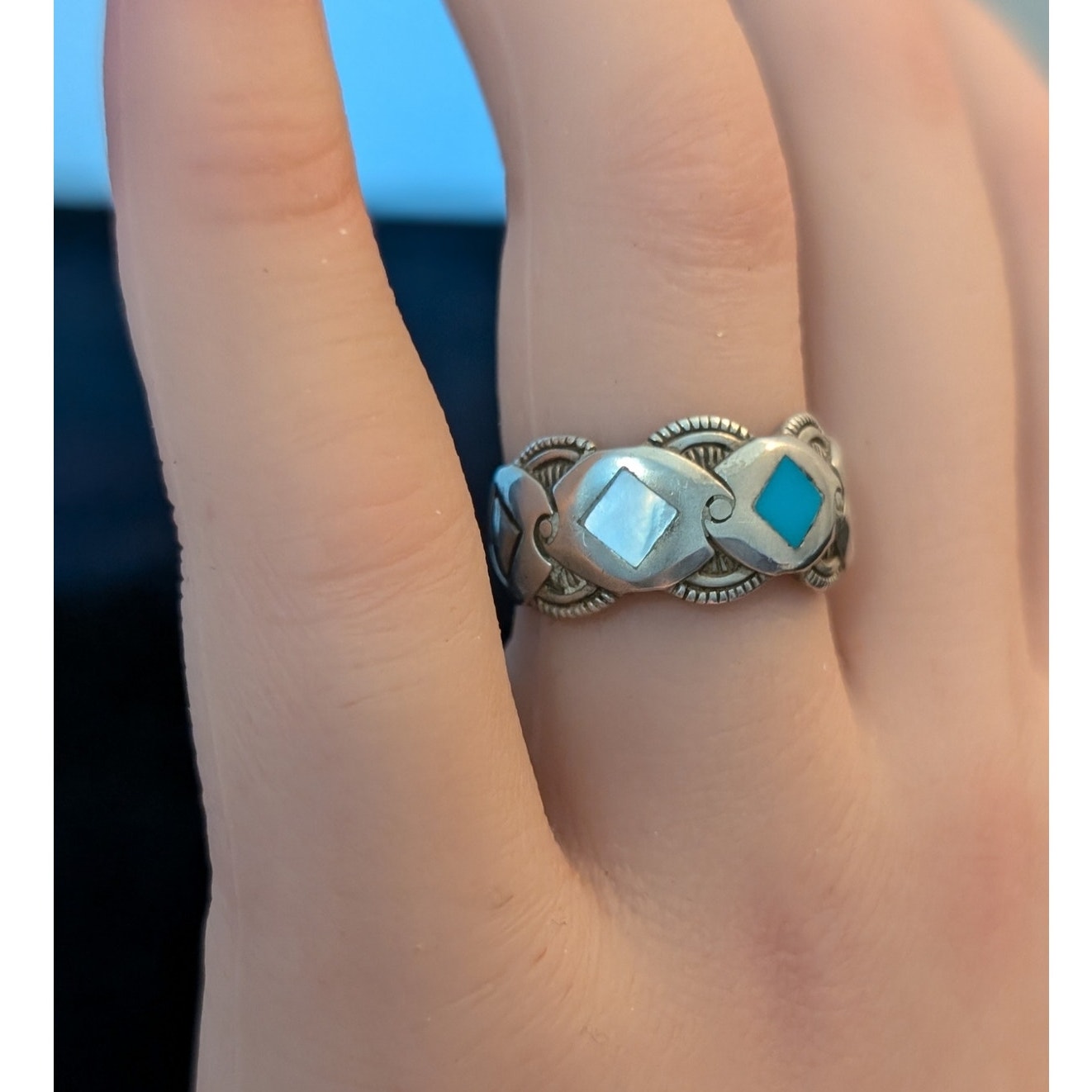 Vintage Signed 925 Sterling Turquoise & MOP Diamond Inlay Band Ring Size 6.75