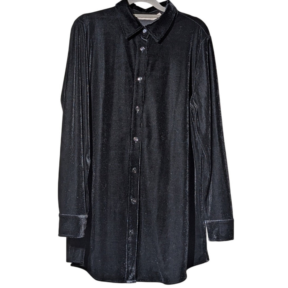 Soft Surroundings Black Velvet/Velour Button Up Collar Tunic Shirt Women's Sz M