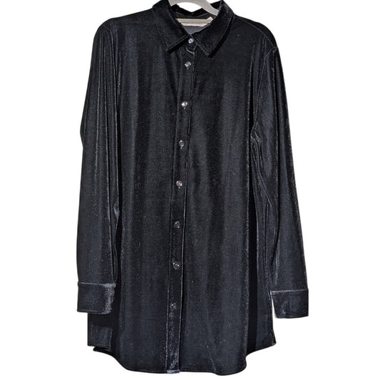 Soft Surroundings Black Velvet/Velour Button Up Collar Tunic Shirt Women's Sz M
