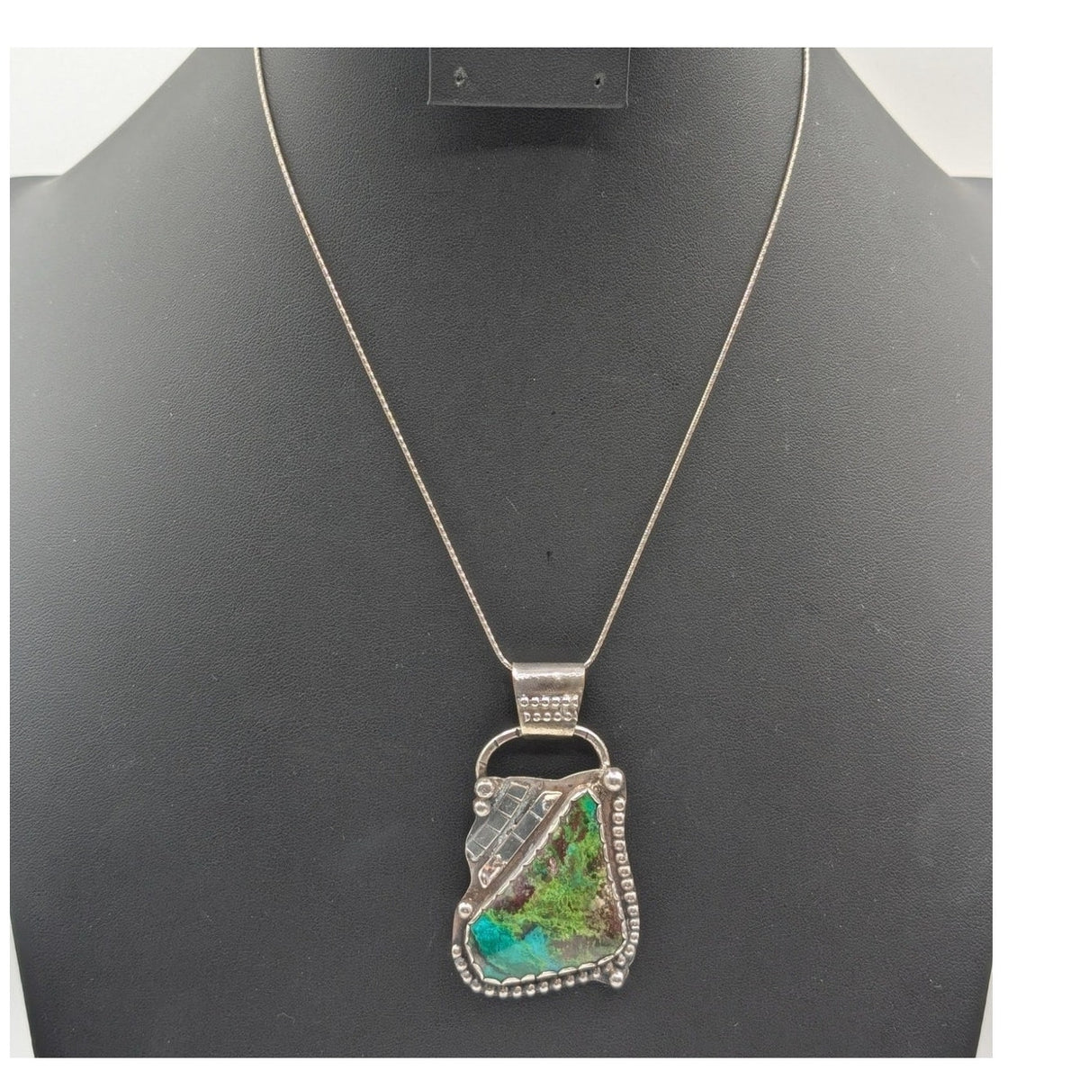 Vtg Artisan Handmade 'BT Sterling' Blue Green Stone Pendant Necklace 27.0g