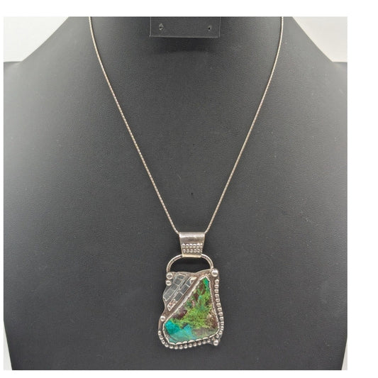Vtg Artisan Handmade 'BT Sterling' Blue Green Stone Pendant Necklace 27.0g