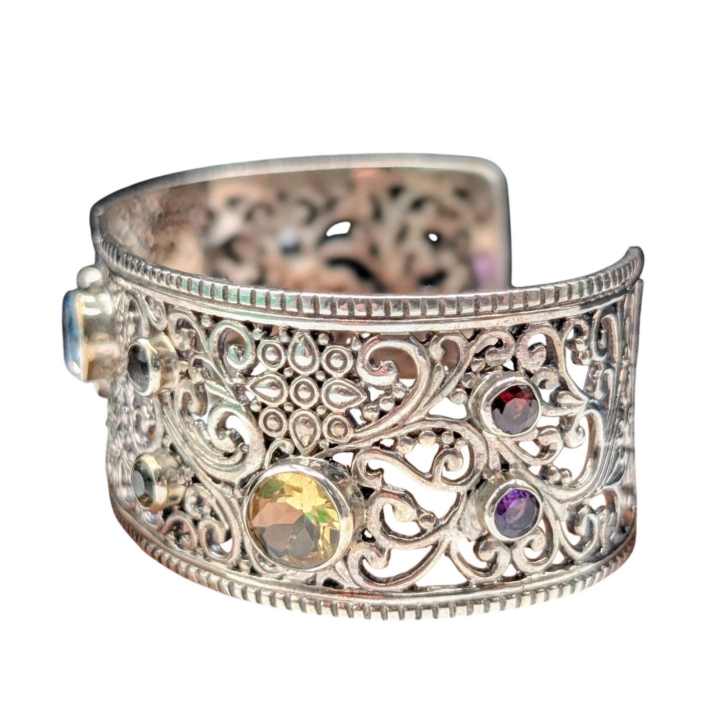Samuel Benham 925 Sterling Bezel Set Multi-Gemstone Scroll Cuff Bracelet 40.69g