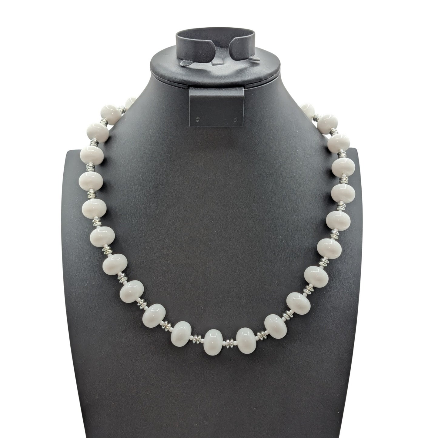 Vintage White Oval Silver & White Spacer Acrylic Bead 24.5" Necklace