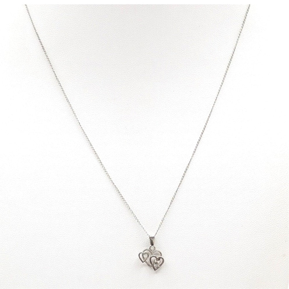 Vintage Dainty Sterling Silver Three Hearts Crystal Pendant Chain 20" Necklace