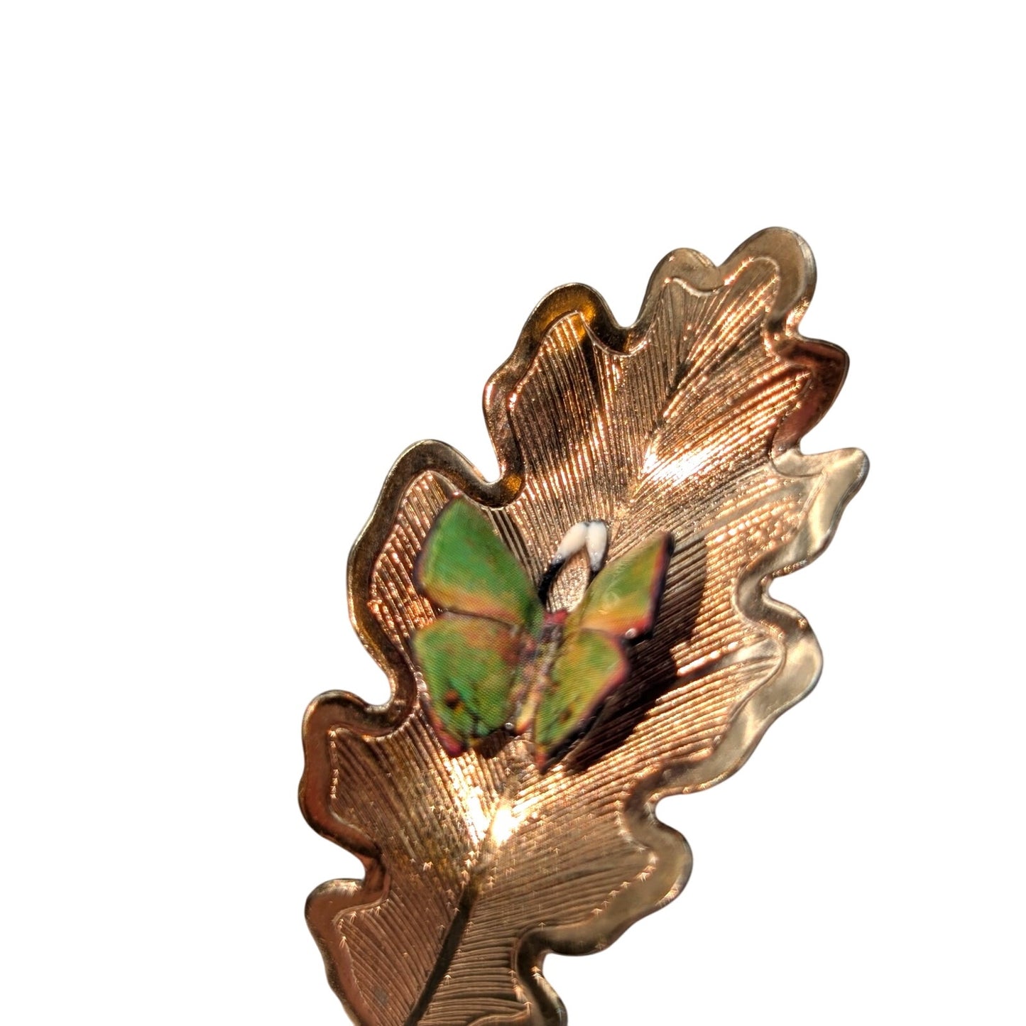 Vintage Gold Tone Green Butterfly On Leaf Brooch