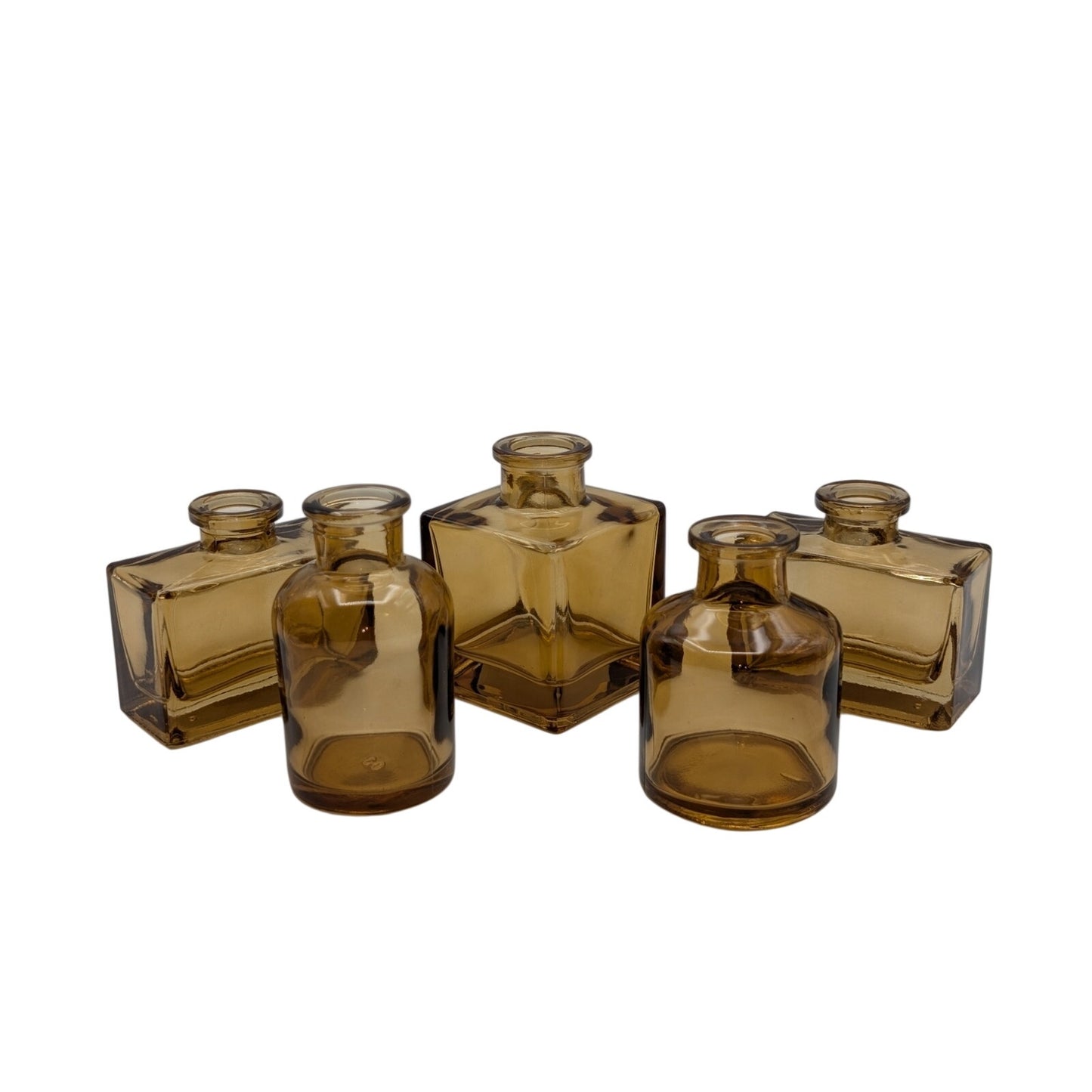 Five Brown Glass Multi-Shape Multi-Size Bud Vases