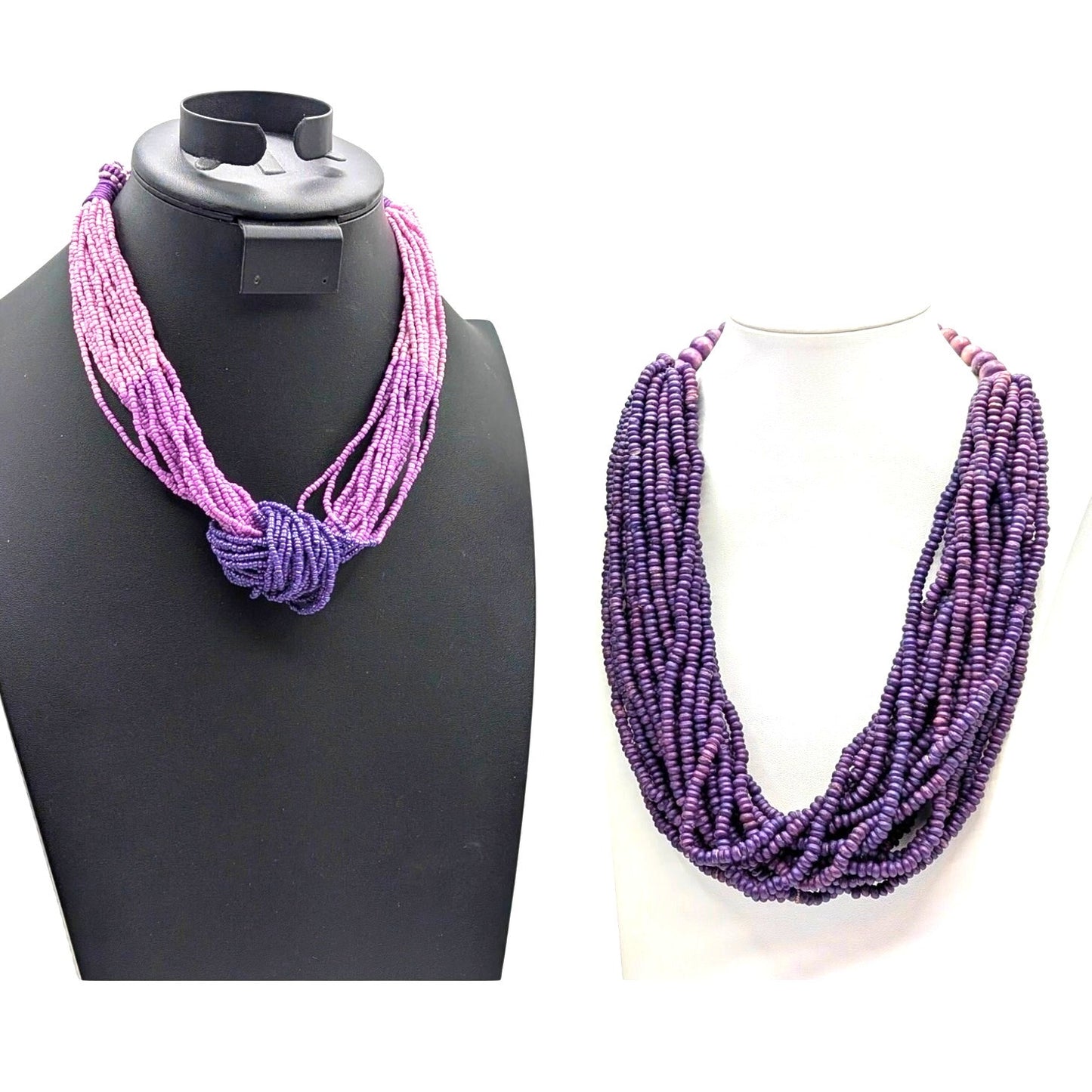 Lot of Two Purple Multi-Strand Beaded Boho Tribal Vibe Necklaces