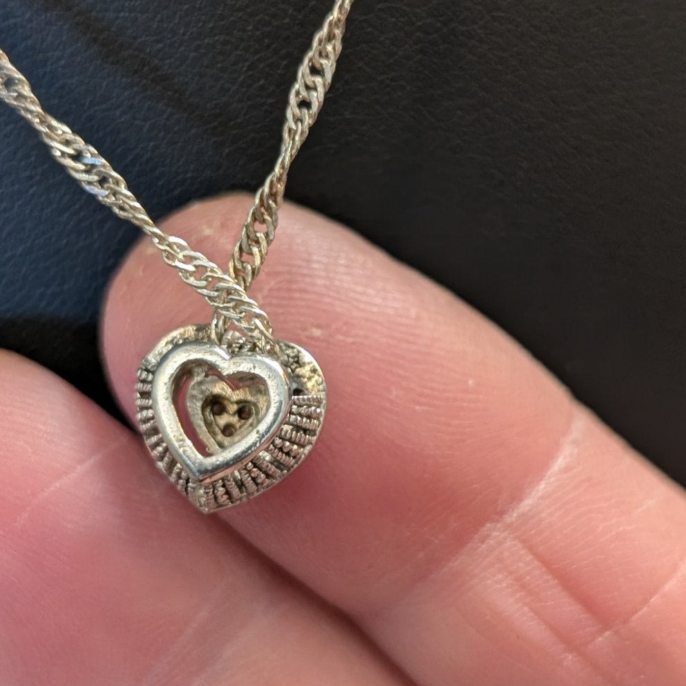 VTG 925 Sterling Silver Diamond Heart Pendant Fancy Sterling 18" Chain Necklace