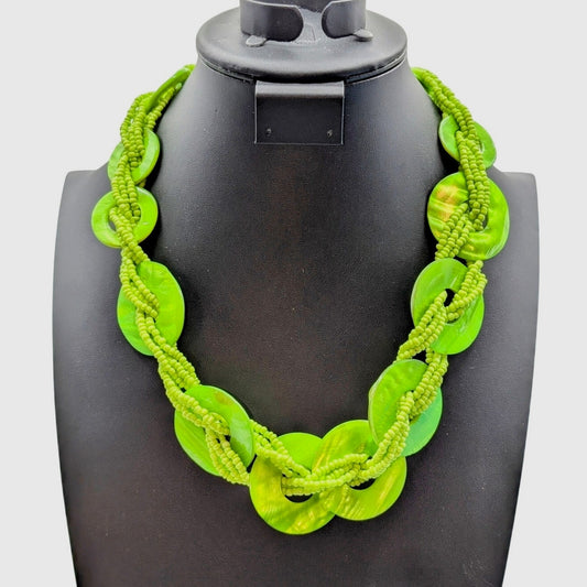 Lime Green Round Shell Disk Seed Bead Statement 23"-26" Necklace