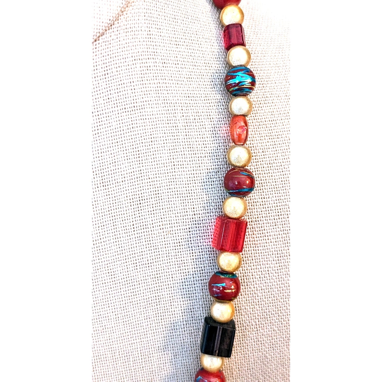 Vintage Metallic Drawbench, Square Lampwork, Art Glass 925 Clasp Bead Necklace