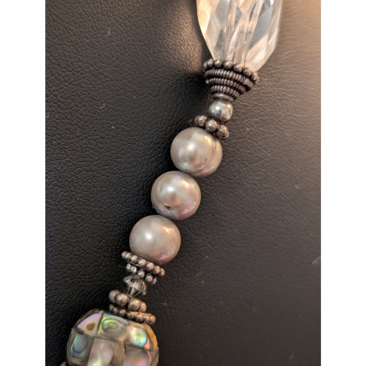 Vintage to Antique Sterling Silver Pearl Rock Quartz Abalone Shell Bead Necklace