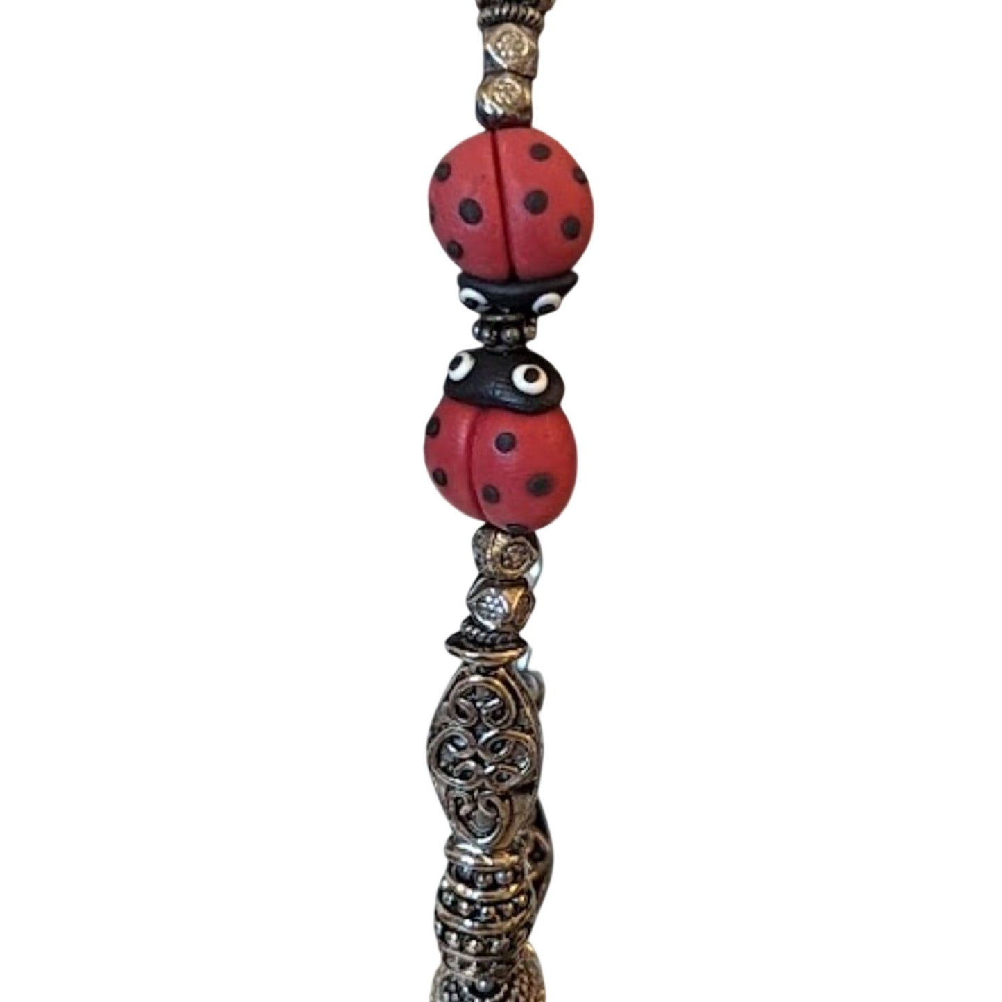 Kissing Ladybugs Silver Tone Beaded Toggle Bracelet
