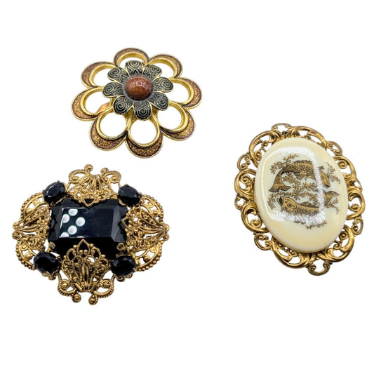 Vintage Gilded Filigree Three Piece Brooch Lot