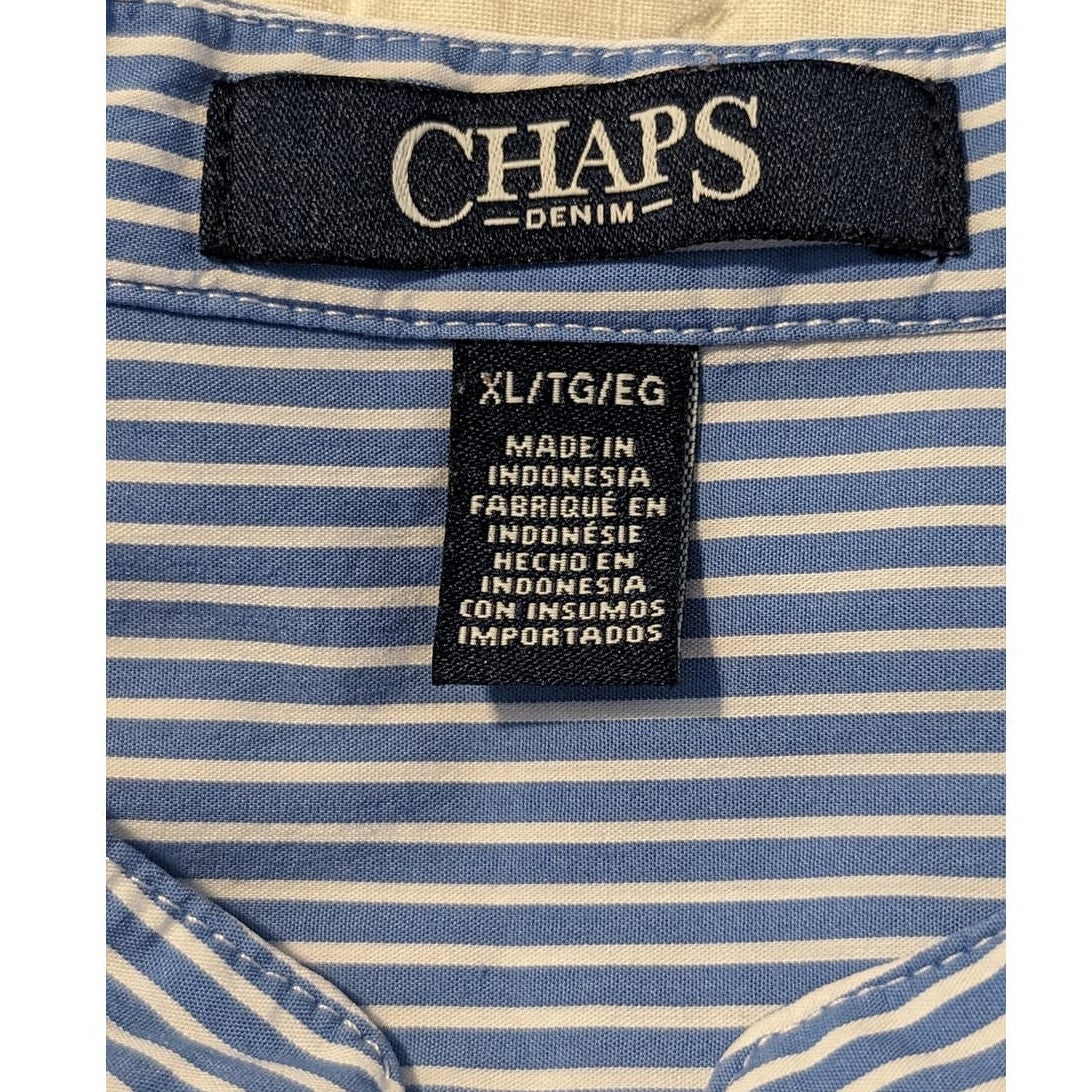 CHAPS Denim Blue Striped Embroidered Placket V-Neck Tunic Top Womens Sz XL