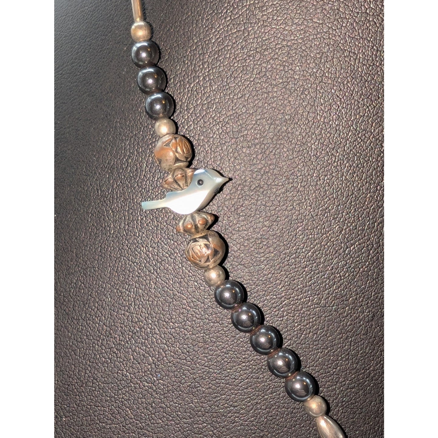 Vintage Liquid Silver Hematite Carved Bird Heart Beaded 17" Necklace