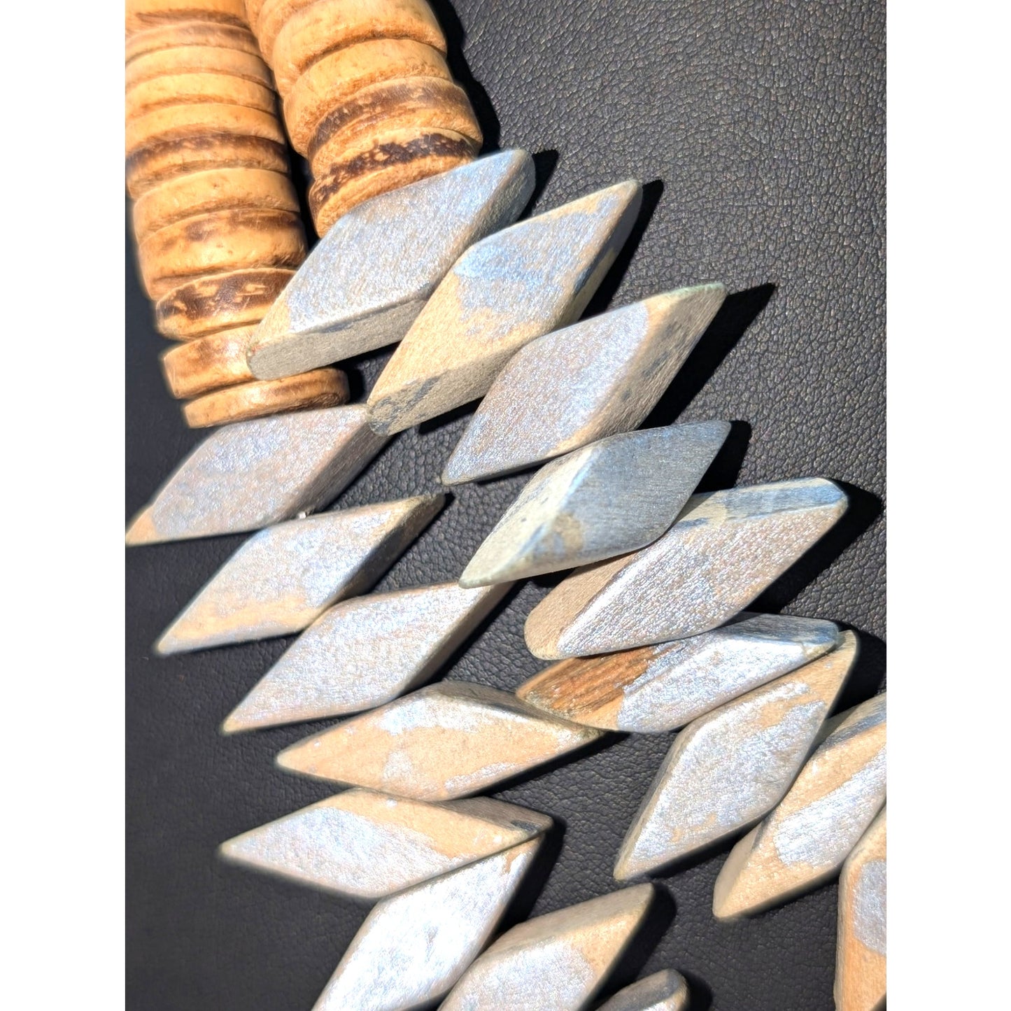 Tribal Hand Made Wood Two Strand Chevron Design Disk Bead Pull String Necklace