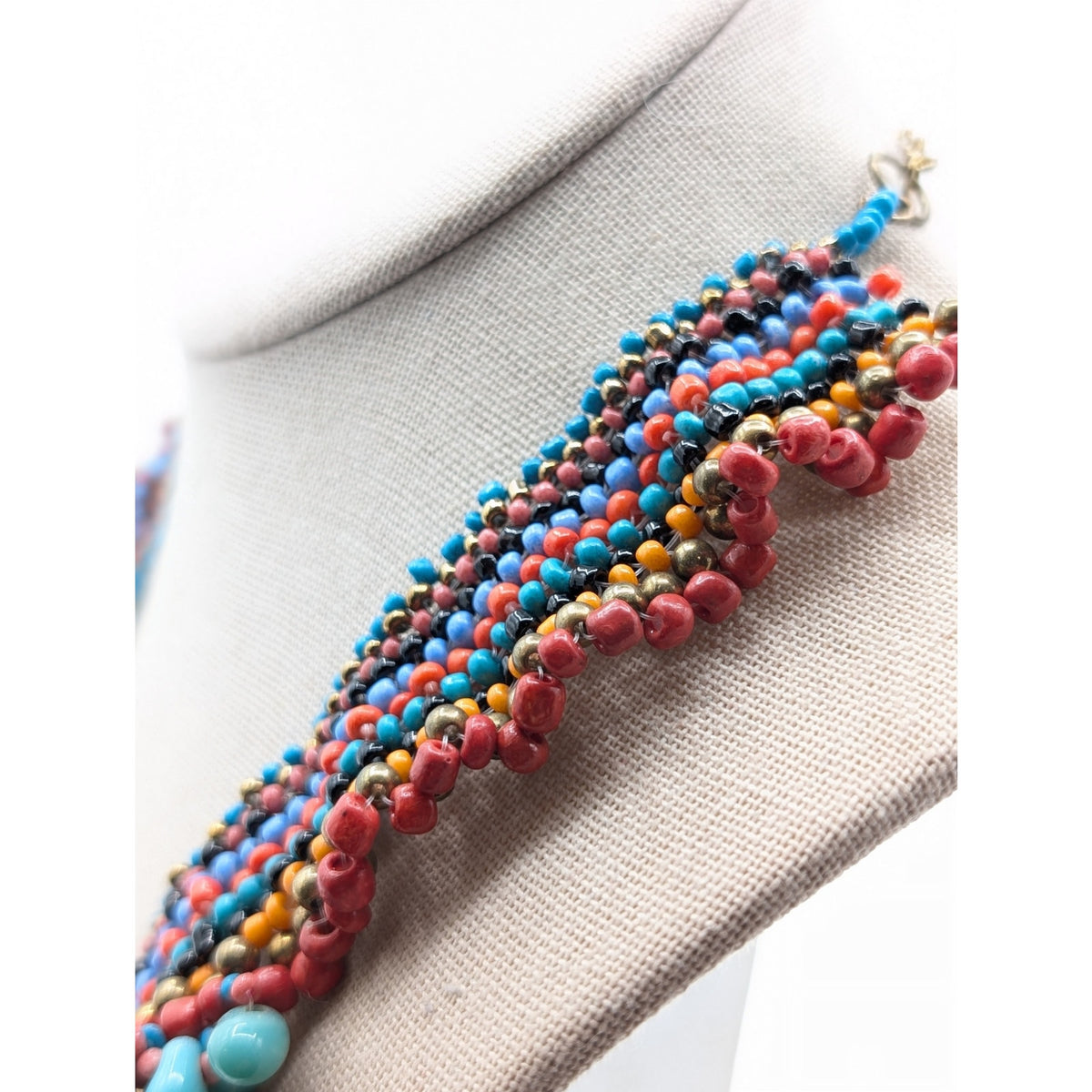 Multi-Color Woven Beaded Necklace W/ Turquoise Teardrop Dangle Bib Necklace