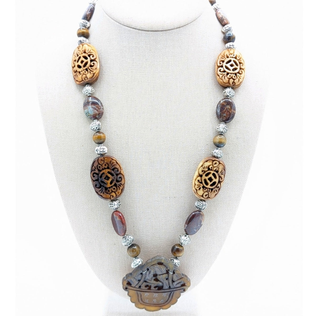 Silver Tone Jasper & Tiger's Eye Carved Resin & Carved Stone Pendant Necklace