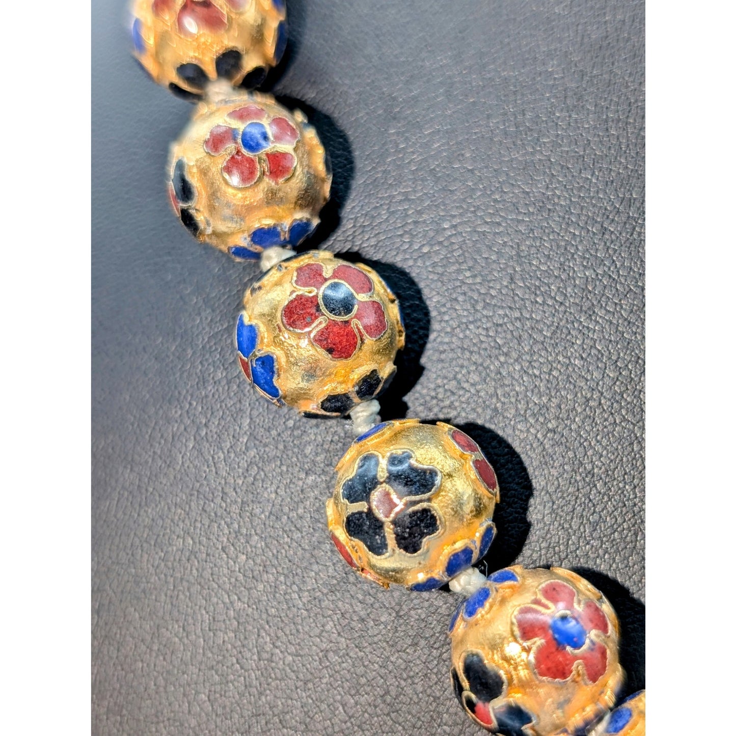 Antique Chinese Cloisonne Multi-Color Enamel Hand Knotted 14mm Bead Necklace