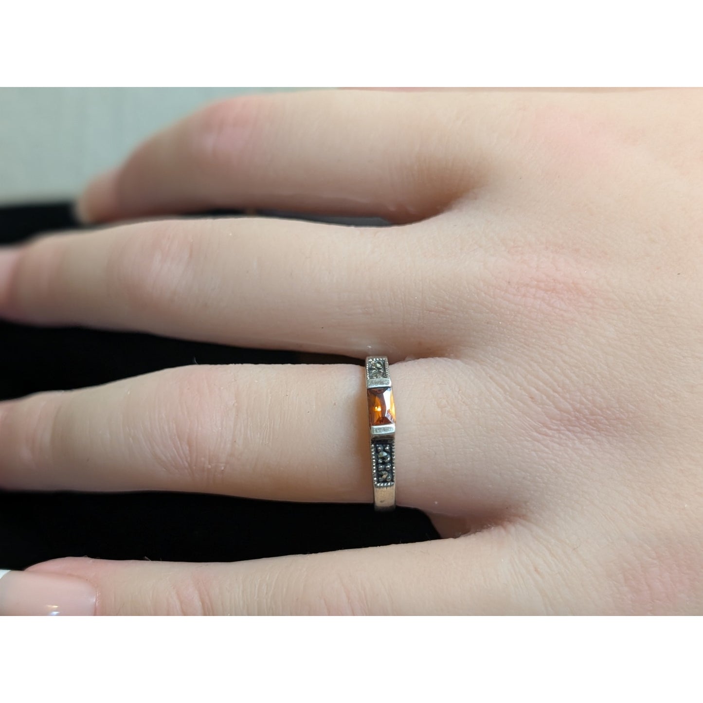 VTG 925 Sterling Silver Marcasite Orange East to West Stone Stack Ring Size 5.75
