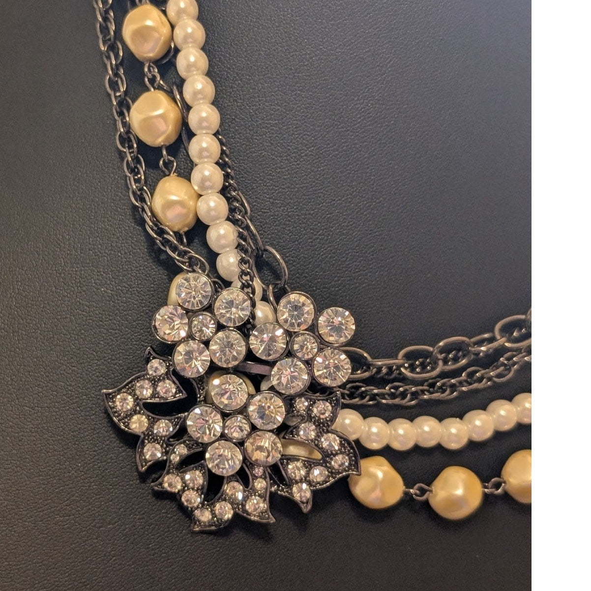 Express Layered Faux Pearl Rhinestone Flower Multi Chain Necklace