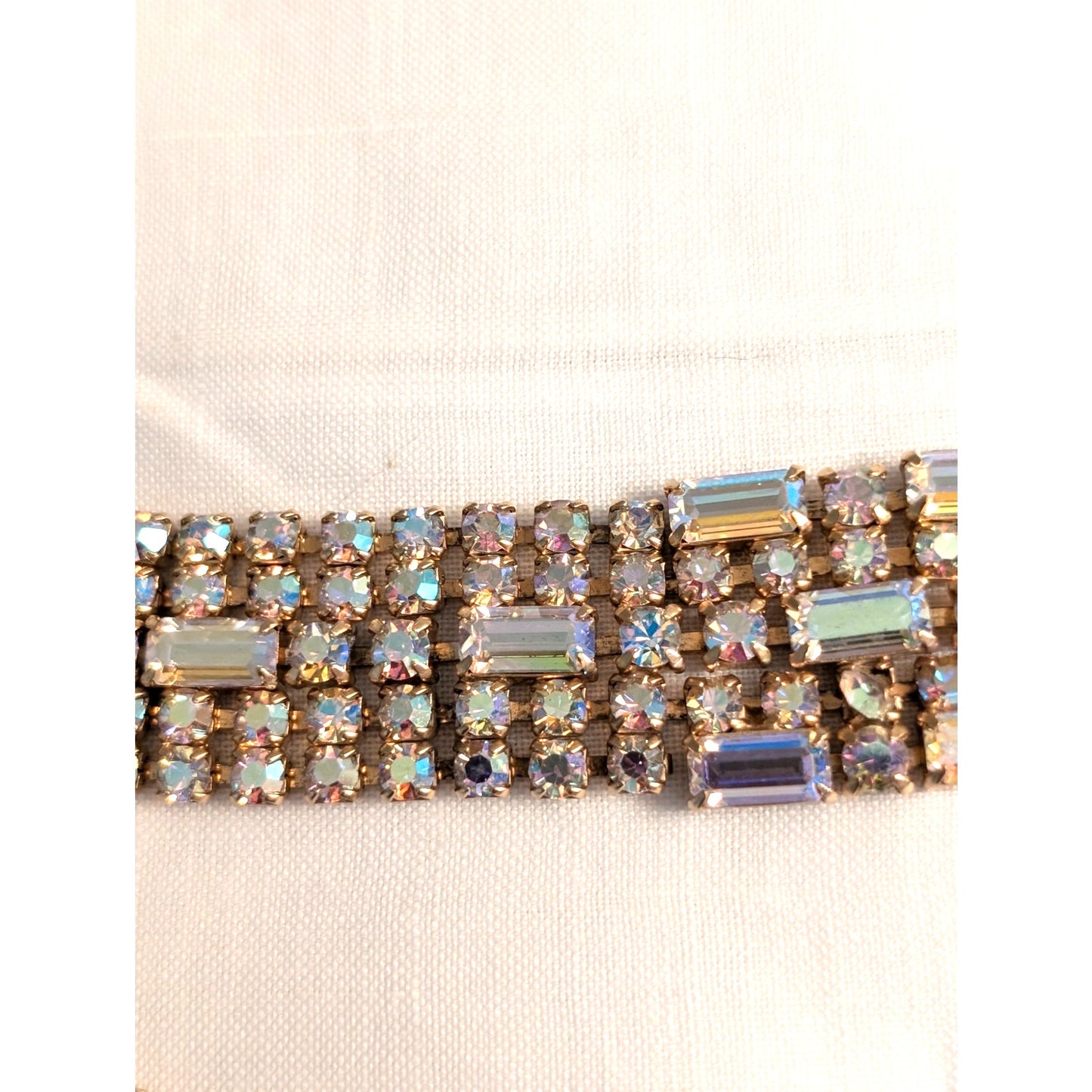 Vintage 1960s Unsigned Aurora Borealis Crystal Gold Tone Wide Bracelet W/ Safety