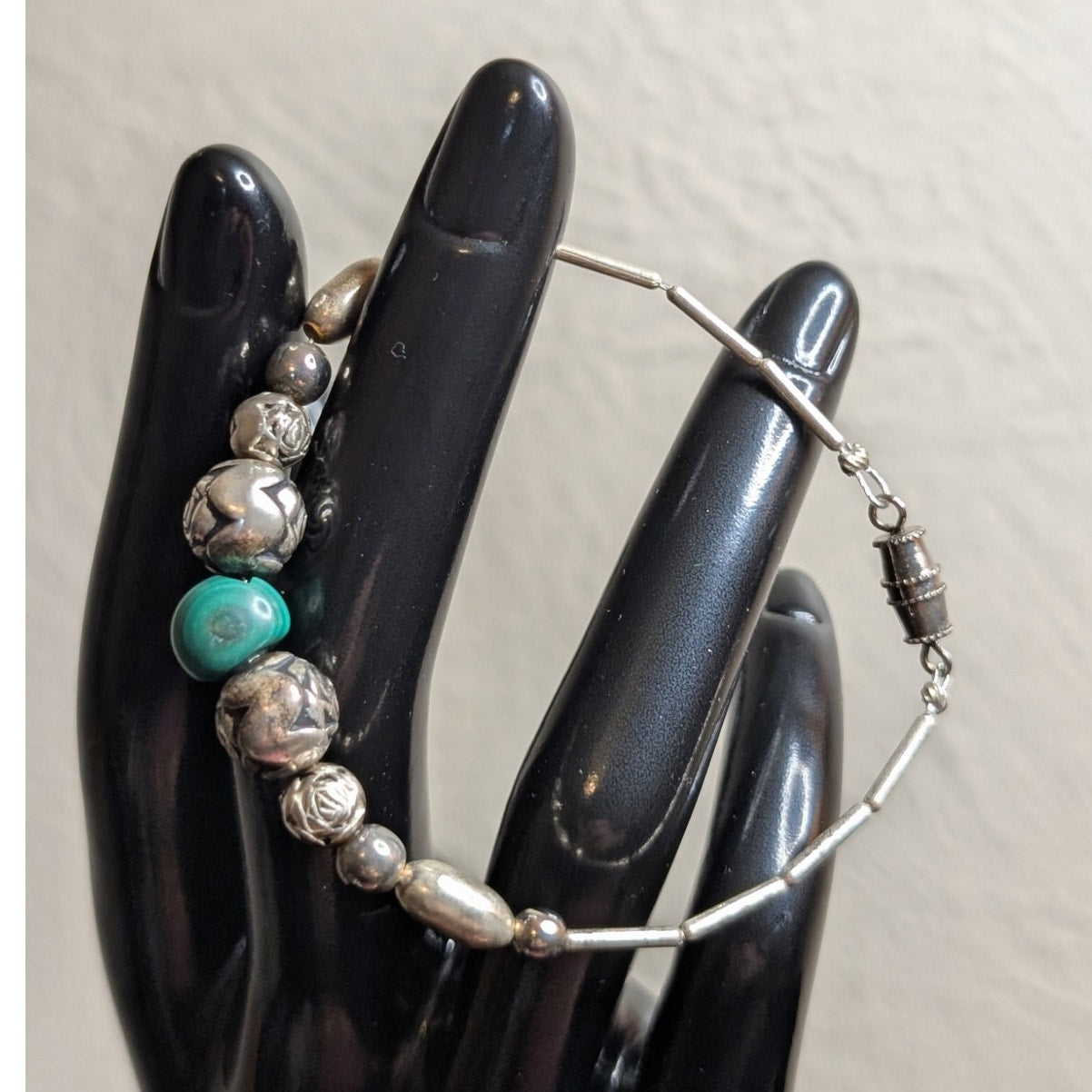 Vintage Liquid Silver Malachite Rose Bead Barrel Clasp Bracelet