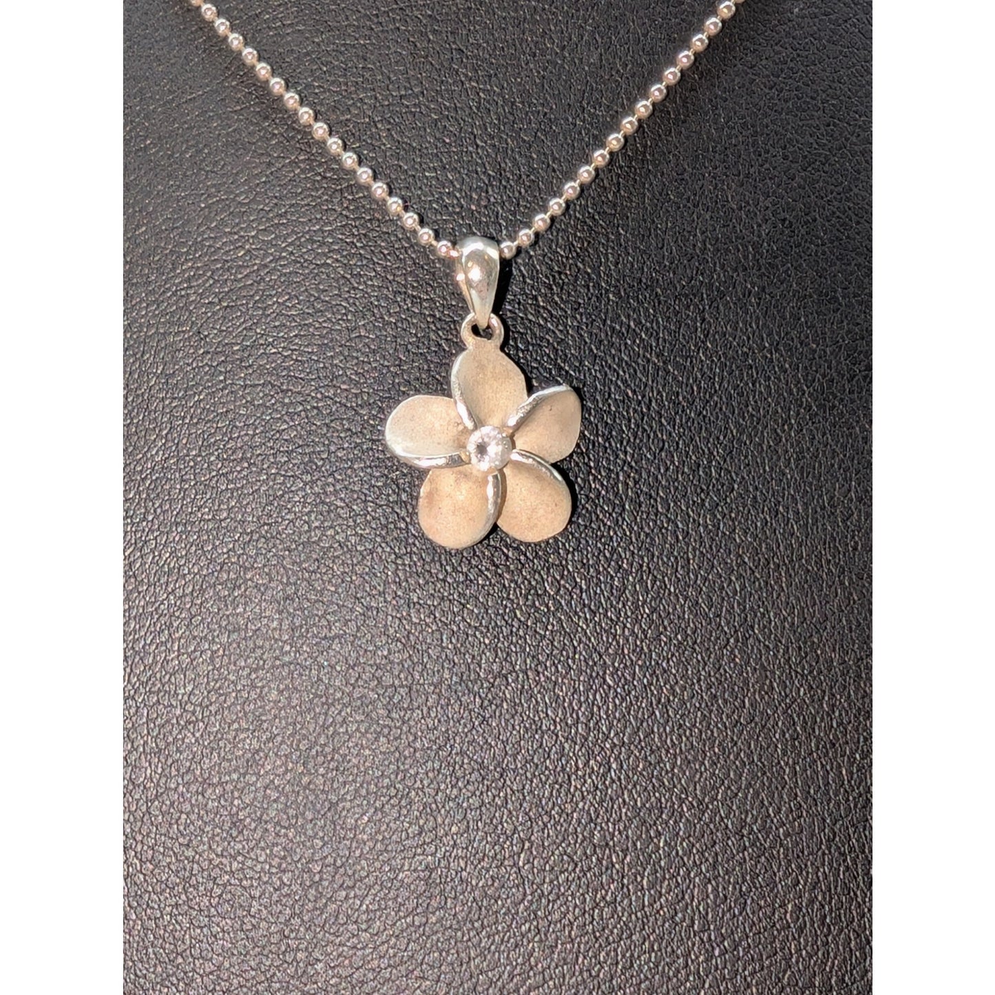 Vintage 925 Sterling Silver CZ Flower Pendant Bead Ball Chain 16" Necklace
