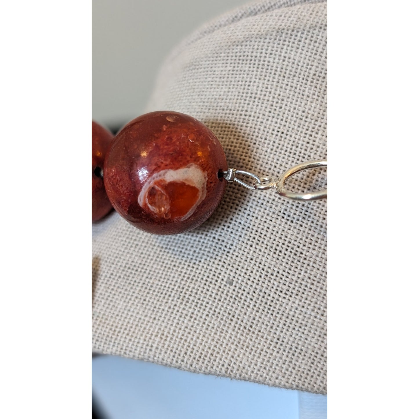 Genuine Coral Marbled Red 20 Bead Statement Necklace w/ Sterling Toggle Clasp