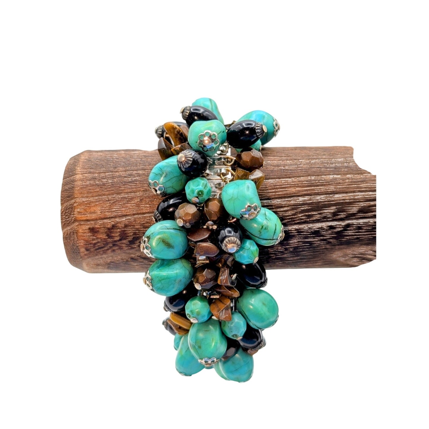 Turquoise & Black Acrylic Bead & Tiger's Eye Stone Chip Stretch Cha Cha Bracelet