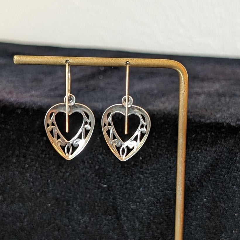 Vintage Marked Sterling Silver Open Heart Dangle Earrings